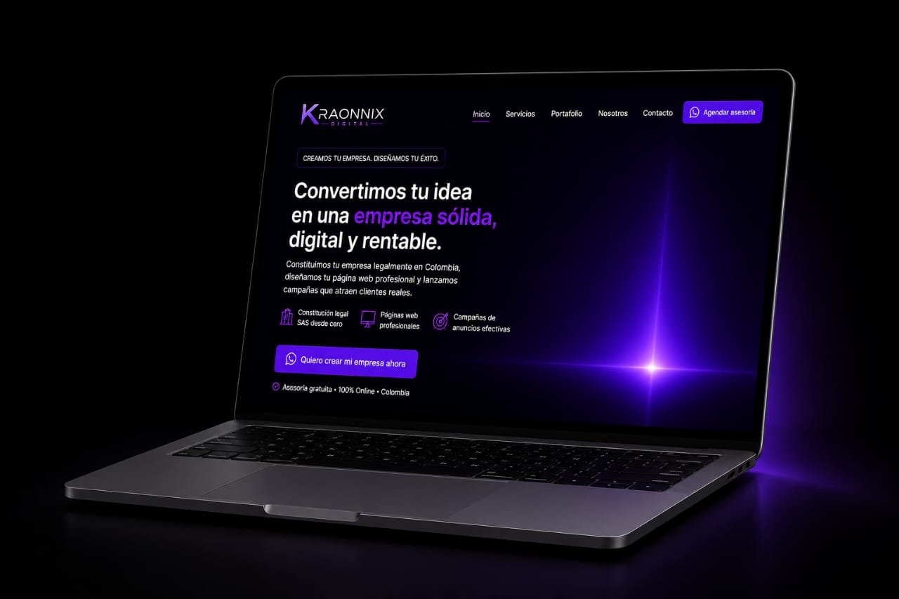 Laptop moderna con destellos morados - Kraonnix Digital